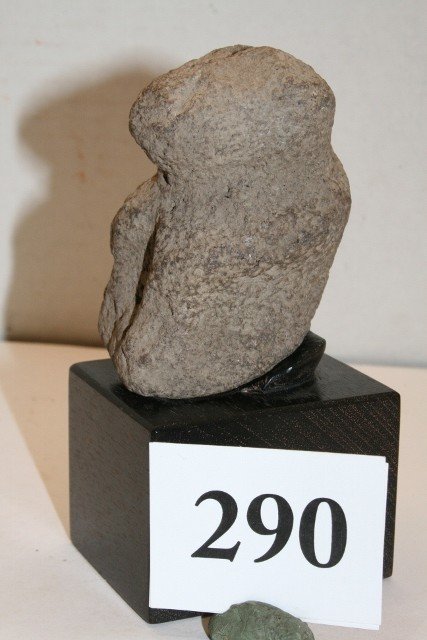 Seated Bear Effigy: Rare 3” x 2 ¼” Seated Bear Effigy Fashioned of pitted grey hardstone, come with display stand – Inuit – extremely old museum quality artifact