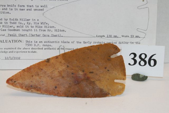 Lost Lake Point of Paoli Chert: 5 1/16” Lost Lake Point of Paoli Chert, found by Keith Miller in a Creek Bed, Todd Co. Kentucky – Perino C.O.A. – comes in wood case