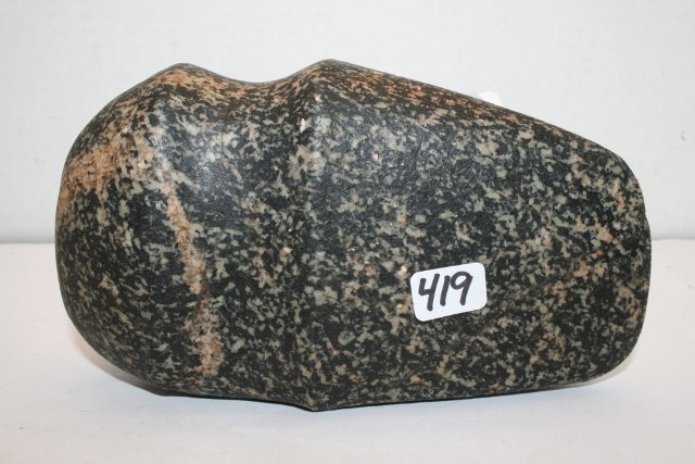 ¾ Groove Speckled Hardstone Axe: 6 ¼” ¾ Groove Speckled Hardstone Axe – with granite vein forming circle @ pole of axe, Ross Co. Ohio, pict’d Holthem Midwest II Book