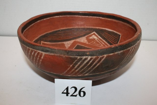 “Four Mile” Polychrome Bowl: 8 ¼” x 3 ¼” “Four Mile” Polychrome Bowl, Ex. Norman Lane Collection, some restoration @ bottom with repaint