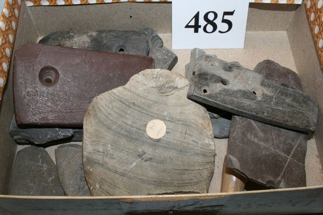 Broken Slate & red slate pendant: Box Lot of Broken Slate with a whole red slate pendant – largest piece is 3 ¾” – Indiana