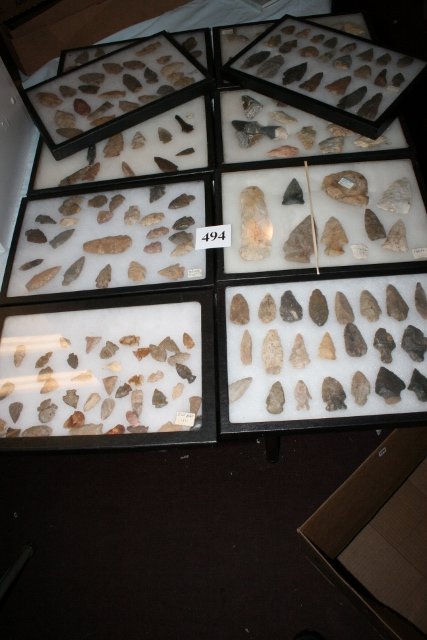 Nice Job Lot: group of 10 – 12: Nice Job Lot: group of 10 – 12 x 8 frames containing 225 assorted Flints and 6 sharks teeth including a nice turkey tail point – largest 5 ¼”