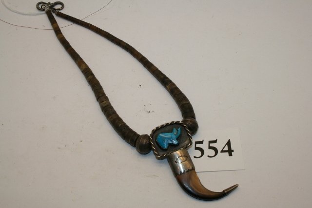 14” Shell Beads: 14” Shell Beads – silver beads and silver bear claw with turquoise bear cub set in sterling silver, signed with monogram double arrow point
