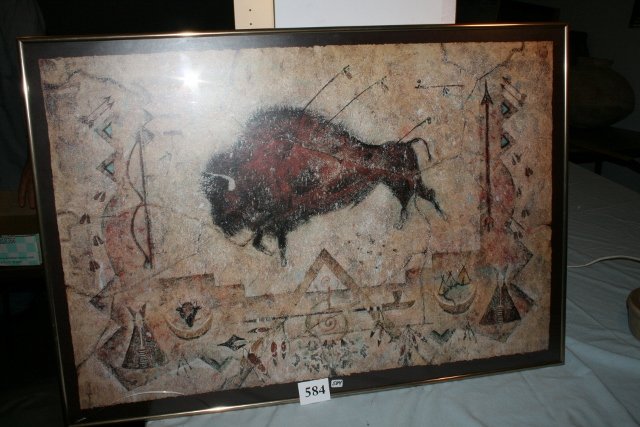 Framed Print “Buffalo Tribe”: 33 ¾” x 23 ½” Framed Print “Buffalo Tribe” glass is cracked