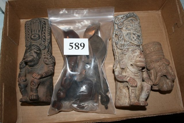 3 carved African Figural Spoons: Lot consisting of 3 carved African Figural Spoons, miniature carved wood bowls, spoons, and animal to be eaten, also 3 pottery carved figural bowls from Central America – largest 8 ½” x 3”