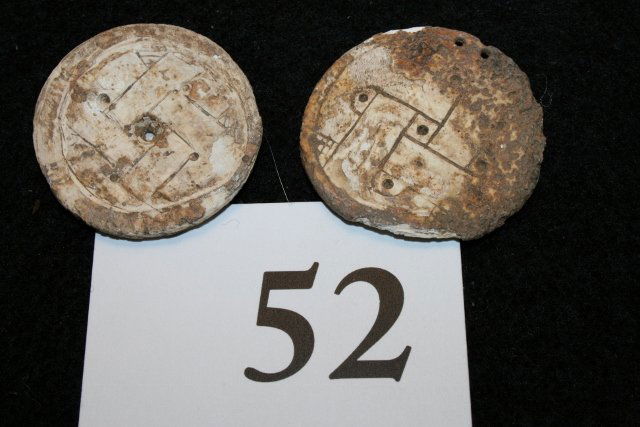 2 Shell Gorgets: 2 Shell Gorgets – 1 ¼” dia. (Both engraved) found on the Galipolis Ferry Site by Jim Turley – Mason Co. West Virginia