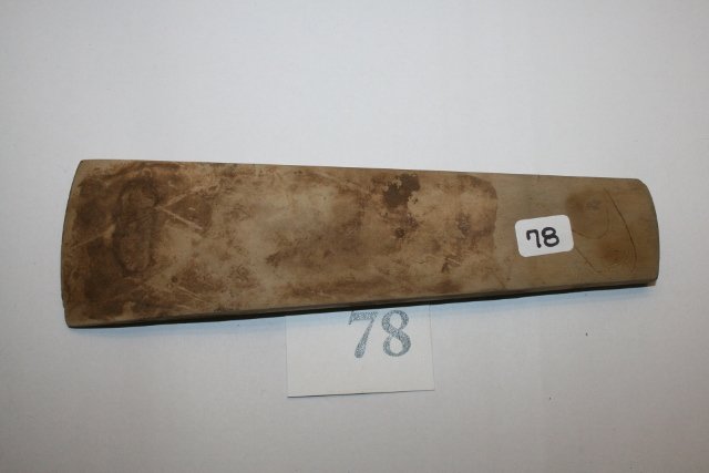 Limestone Engraved Celt: 8 ¼” Limestone Engraved Celt (Rombiotic eye) on both sides – Spiro Okla. From the Spiro Mound Area