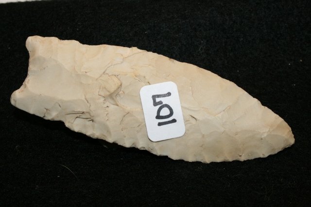 3 7/8” Clovis Point: 3 7/8” Clovis Point found in Scioto Co. Ohio by Perry Brown – point has been wired to a board – White Carter Cave Flint