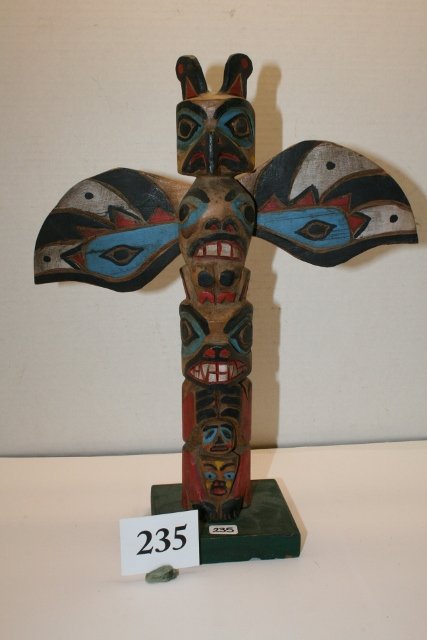 Carved and Painted Totem Pole: 10” x 13” tall Northwest Coast Carved and Painted Totem Pole – 1920’s