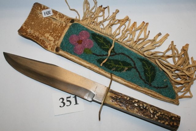 Antler Handle - Bowie: 16 ½” x 3” Antler Handle – Solingen Germany Bowie – early Crow – floral beaded sheath on leather
