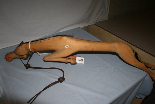 Carved Horse Dance Stick: 42” Beautifully Carved Horse Dance Stick – Decorated Bridal Mane/Ears/Tail – some paint – leather reins