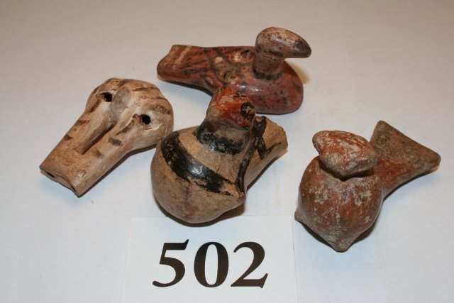 4 Pre Columbian Clay Whistles: 4 Pre Columbian Clay Whistles –all are effigies