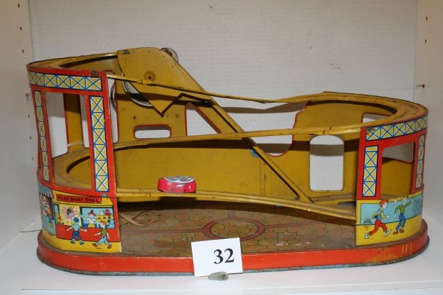 Tin Windup Roller Coaster: 18” Tin Windup Roller Coaster by J. Chein with one car – windup key missing & pulley rope deattached – rusty