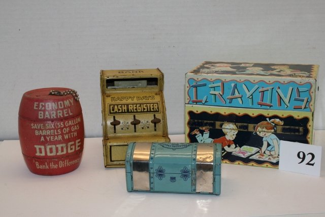3 Metal Toys: 3 Metal Toys by J. Chein: Crayon Tin 6 ¼”, Treasure Chest Bank 4 ¼”, Working Happy Days Cash Register 4 ¼” (slightly rusted) 4th Item Red Economy Barrel Bank with Key “Saving Gas using Dodg