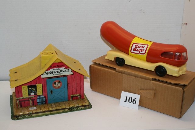 (2) Banks: (2) Banks – Walt Disney 1957 Official Mouse Clubhouse Mattel Inc. (roof cracked) (no key) & Oscar Mayer Weiner Car Bank with box (mint)