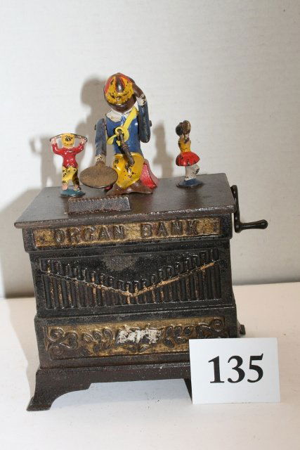 Organ Grinder Mechanical Bank: 7 ½” Cast Iron Organ Grinder Mechanical Bank – Great Shape – with original key – Pat. June 13, 1882