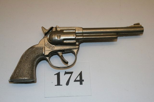 Pet Cap Gun: 6 ¼” Pet Cap Gun by Hubley – nickel plated die cast