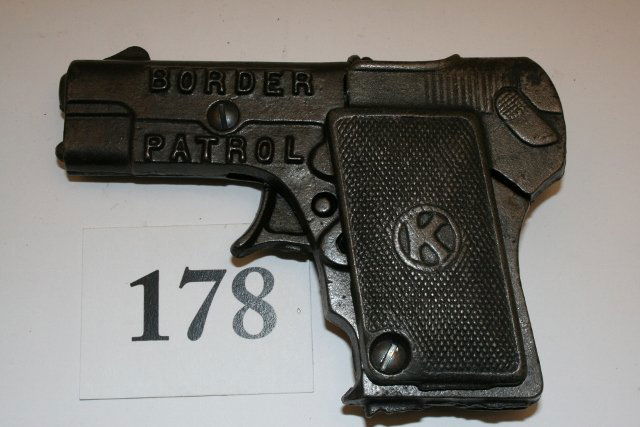 “Border Patrol” Cap Gun: 5” Cast Iron “Border Patrol” Cap Gun by Kilgore – very good shape