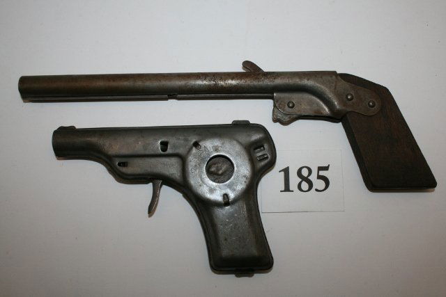 (2) Toy Guns: (2) Toy Guns – 5 ¼” Metal Pop Guns “Scout Auto” – average shape & 9” Metal One Shot Pistol