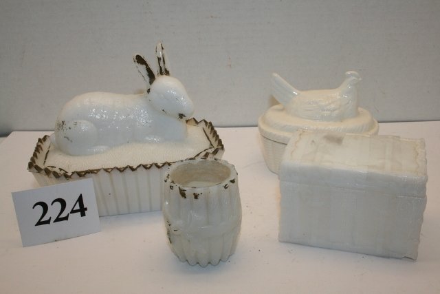 Job Lot of 4 Milk Glass Items: Job Lot of 4 Milk Glass Items: Rabbit, Chicken on nest, Trunk and toothpick holder