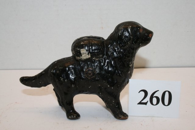 St. Bernard with Pack Still Bank: 5 ¼” A.C. Williams Cast Iron St. Bernard with Pack Still Bank – black paint – average shape