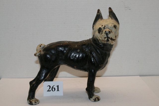 Boston Bull Terrier Dog Doorstop: 9 ¼” Hubley Cast Iron Boston Bull Terrier Dog Doorstop – circa 1890’s – repainted