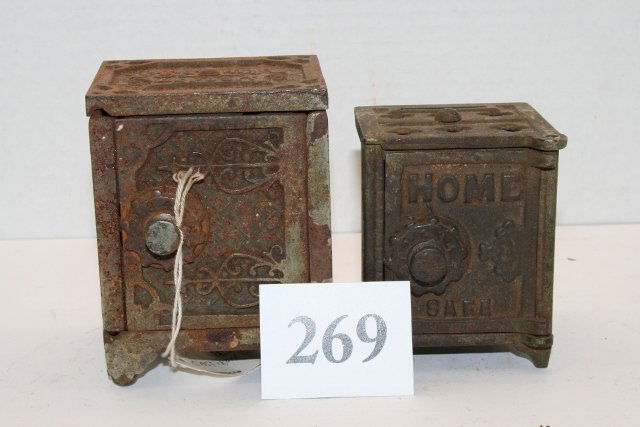 2 Cast Iron Combination Banks: 2 Cast Iron Combination Banks – 3” Kenton Hardware MFG. Co. “Savings Deposit” Bank – rusted & 3 ¼” x 2 5/8” “Home Safe” Bank (partially rusted)