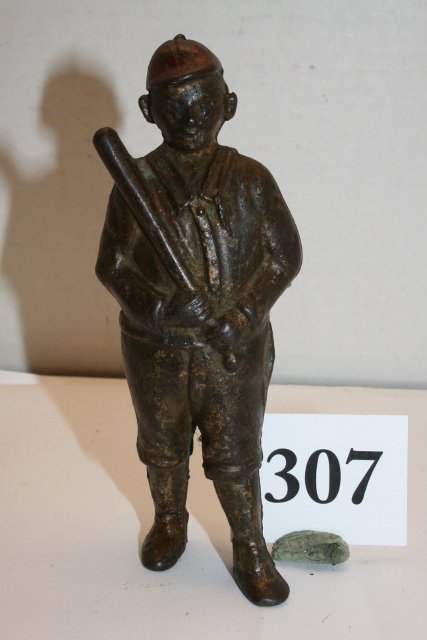 Baseball Player Still bank: 5 ¾” Baseball Player Still bank – red hat – holding bat – minimal paint