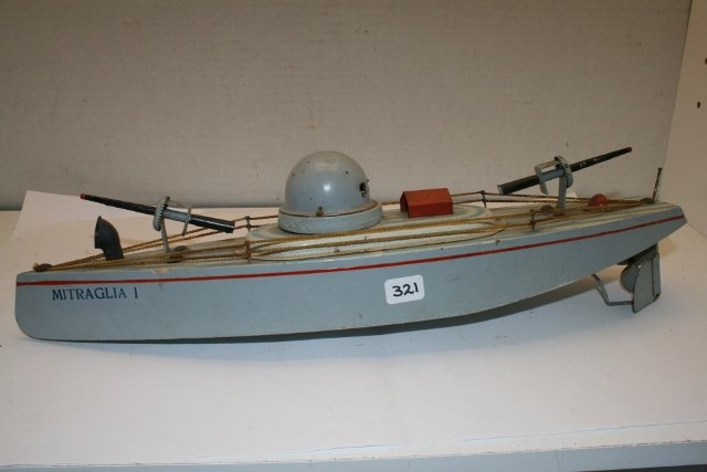 Wood Military Gun Boat “Mitraglia I”: 14 ½” Wood Military Gun Boat “Mitraglia I” with front and back machine guns – metal turret with some rusting and 2 small holes