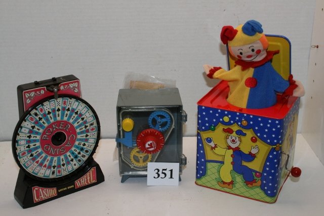 Jack in the Box: 3 Working Items: Jack in the Box by Schylling – Sav’n Bank Plastic Combination Bank by Kusan – plastic Casino Wheel Saving Bank