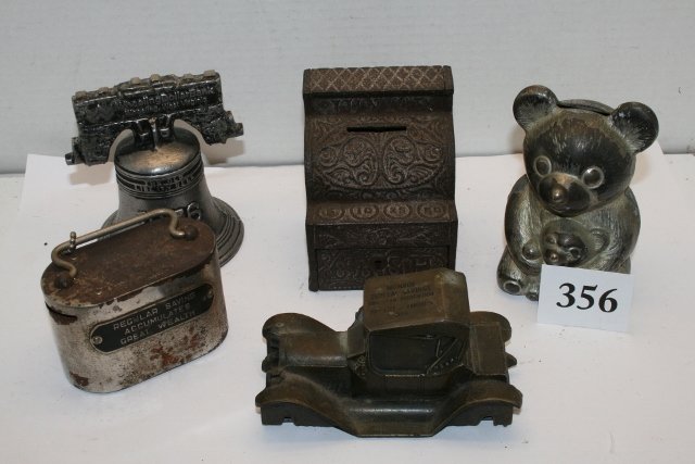 Job Lot of 5 Banks: Job Lot of 5 Banks – Liberty Bell, Bear with cub, Junior cash Register, Old Car without wheels, Regular Bank – all rough shape