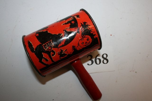 Halloween Noisemakers: 3 ¼” Early Halloween Noisemakers – Witch, Black Cat, Bat and Pumpkins – few small dents and chips