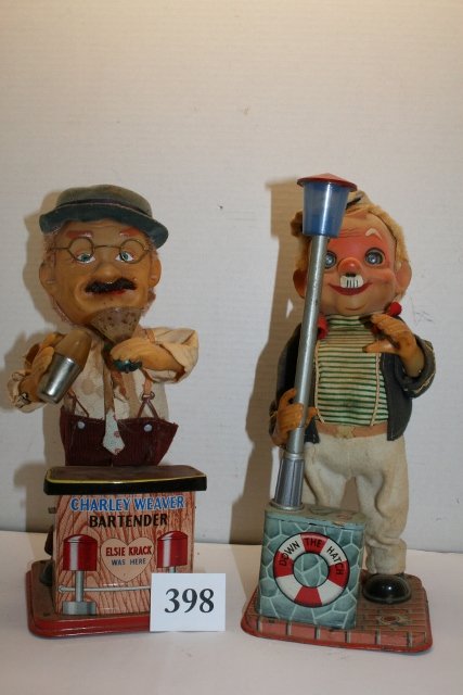 2 Metal Battery Operated Figures: 2 Metal Battery Operated 12” Figures – Charley Weaver Bartender – Battery compartment rusted and missing terminal & Captain “Down The Hatch” missing cup – both stained and in rough shape