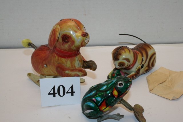 3 Tin Wind Up Toys: 3 Tin Wind Up Toys – Dog, Cat Playing with Ball, and Hopping Frog – frog shows wear (doesn’t work) – Cat and Dog work – 5” dog made in Occupied Japan – all with keys