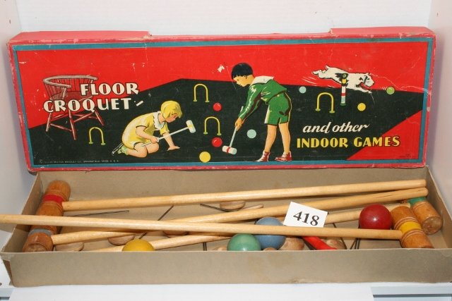 Floor Croquet and other Indoor Games: 22 ¼” Floor Croquet and other Indoor Games by Milton Bradley Co. 1932 – good shape