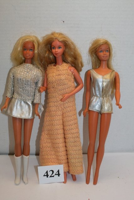 3 Barbie Dolls: 3 Barbie Dolls – from 1966 – 3 different outfits – some minimal damage to 1 doll’s legs – average shape
