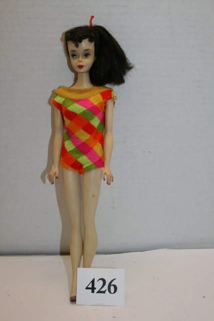 1958 Early Barbie: 1958 Early Barbie with Black Ponytail – B-22 – original Barbie outfit (multi colored) with Barbie Labels – some fraying – very good shape doll