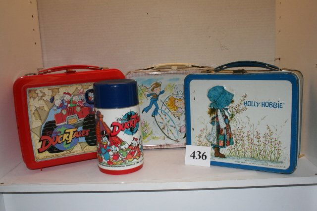 3 Lunch Boxes: 3 Lunch Boxes – 1 plastic 1986 Disney’s Duck Tales with thermos (good shape) - 2 metal lunch boxes (Polly Pal and Holly Hobbie) both rusted without thermoses – rough