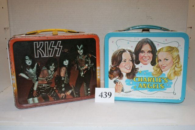 2 Metal Lunch Boxes: 2 Metal Lunch Boxes – 1978 Charlies Angels without thermos –good shape & 1977 Kiss without thermos –rusted – very worn – rough