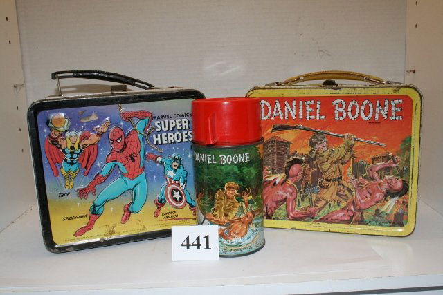 2 metal Lunch Boxes: 2 metal Lunch Boxes – 1955 Daniel Boone with thermos, some rusting and paint loss – 1976 Marvel Comics Super heroes without thermos – some paint loss – both average shape