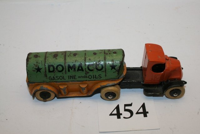 Truck & Trailer: 5 ¼” Truck & Trailer – truck is reproduction 1904 Spyker Yesteryear Truck by Lesney in England – Trailer is a tanker, Doma Co. Gasoline and Oils by Tootsie Toy – average shape