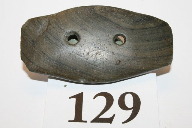 Hopewell Expanded Center Gorget: 2 ¾” Banded Slate Rare Hopewell Expanded Center Gorget – Wood Co. Ohio – Ex. McVetta Collection