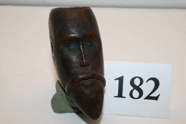 Human Effigy Wood Pipe: 3” x 3” Hand Carved Human Effigy Wood Pipe – appears to be Spanish explorer, heavily used, fine detail