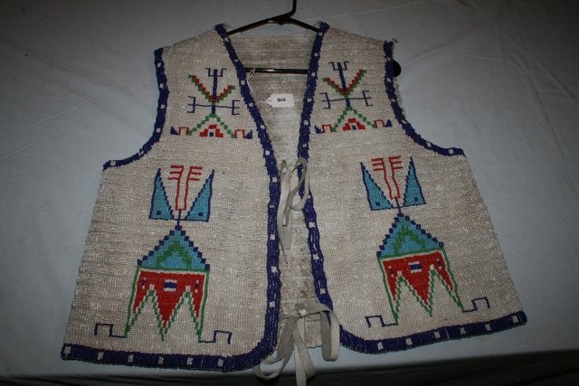 Fully Beaded Man’s Vest: 22” x 21” Fully Beaded Man’s Vest, Geometric Pattern, Commercial Hide possible Wild West Show Patriotic Red-White-Blue