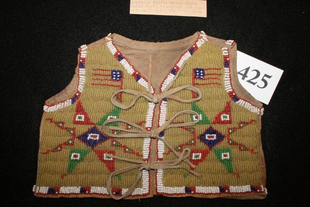 Sioux Child’s Vest: 12 x 16 Frame Sioux Child’s Vest Reservation Period, Patriotic Brain Tanned Leather, Thread Sewn