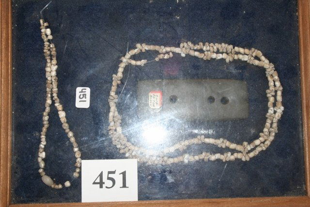 2 Strands of Fresh Water Pearl Beads: 8 x 12 Frame 2 Strands of Fresh Water Pearl Beads and one 3 hole gorget – a site Ross Co. Ohio – one strand 13” the others are 12”