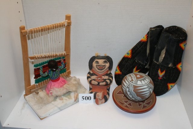 Navajo Rug Weaving Display: Lot Consisting of 6 x 7 ¾” x 10 ½” Navajo Rug Weaving Display – a 6 x 7 ½” Jemez Pueblo Figure eating a watermelon, a 6” plate, 4 x 4 ½” Seed Jar, signed Mary Small, and a pair of Ladi
