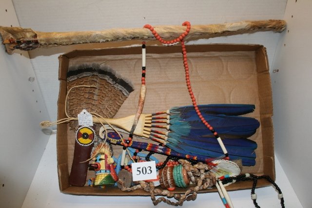 Misc. Indian Related Craft Items: Box containing Misc. Indian Related Craft Items, beads, Fans, Bolos, S & P Shakers, Quiver – all contemporary