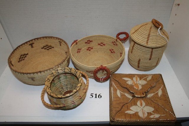 Lot of 5 Assorted Baskets: Lot of 5 Assorted Baskets including 6 x 6 x 1 Quilled Birch bark Lidded Basket, some quills missing, 5 ½” x 4” Lidded Eskimo, 7 ¼” x 3” Bowl – 6 ¾” x 2 ¼” Ring Handle Bowl, 3 x 3 ½�