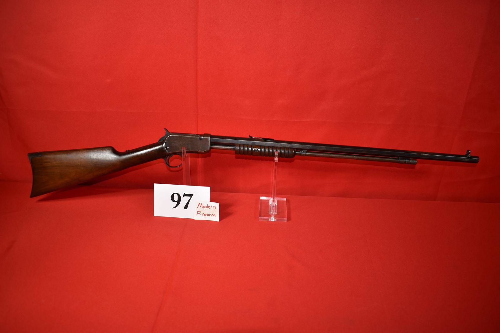 (X) Winchester Model 90 .22 W.R.F. Cal. Slide Action Rifle: (X) Winchester Model 90 .22 W.R.F. Cal. Slide Action Rifle, SN# 652025 mfg. 1920, 24” oct. bbl., worn finish but very good condition